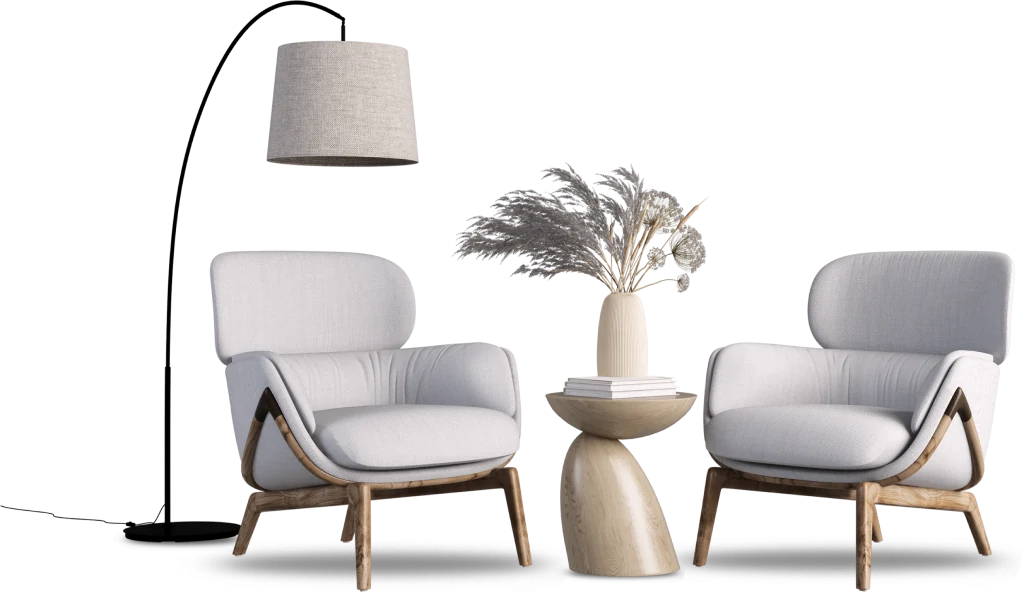 Two light armchairs, a side table and a floor lamp