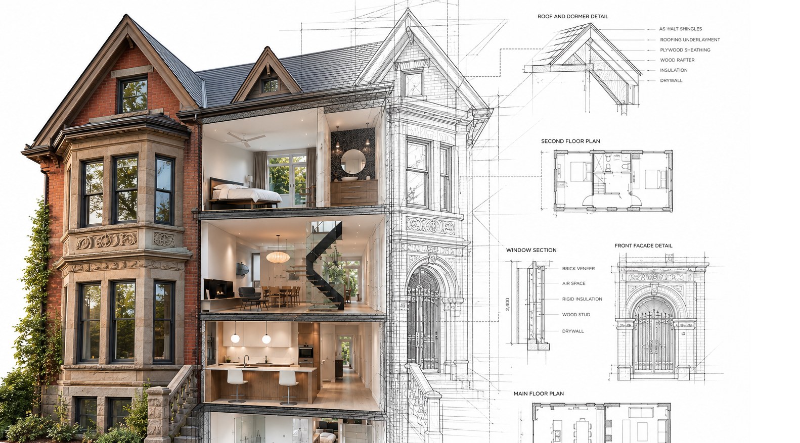 Victorian brick house in cutaway showing renovated rooms, fading into architectural drawings