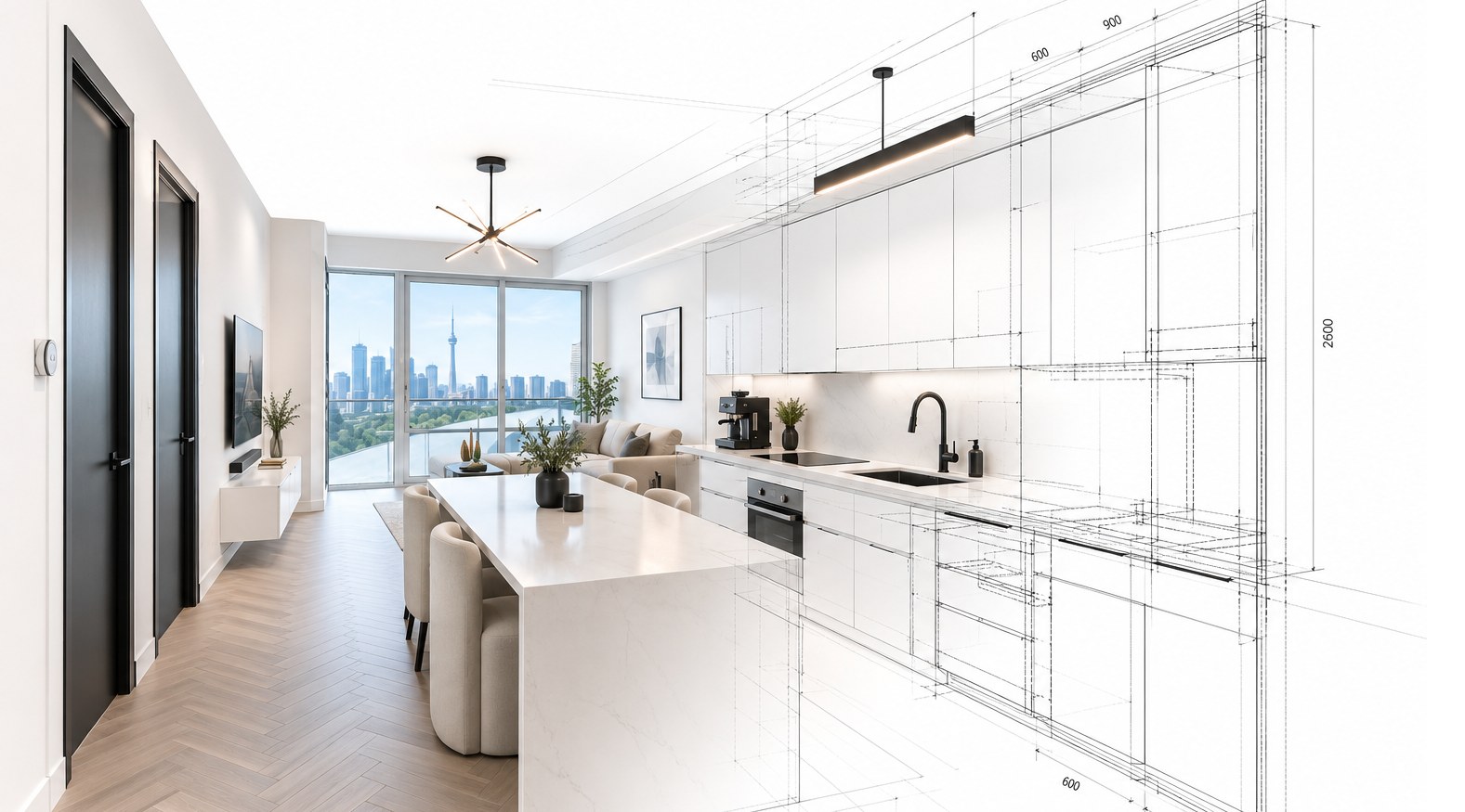 Condo galley kitchen with a city view, finished on the left and drawn as a sketch on the right