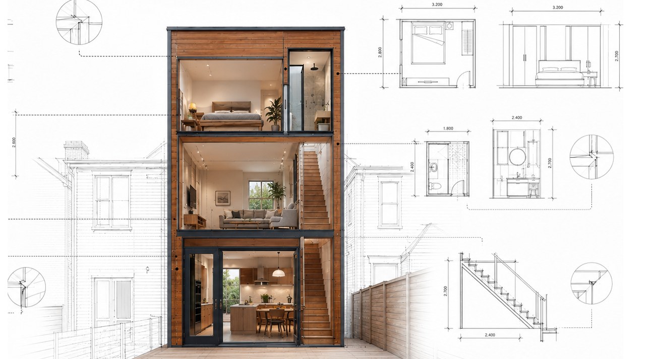 Three-storey rear addition in cutaway, surrounded by floor plans and elevation drawings