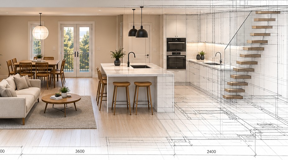 Open-plan kitchen and living room, finished on the left and drawn as a sketch on the right